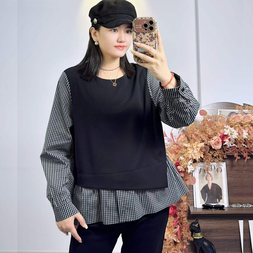 米莱奇6856秋大码假两件卫衣女T