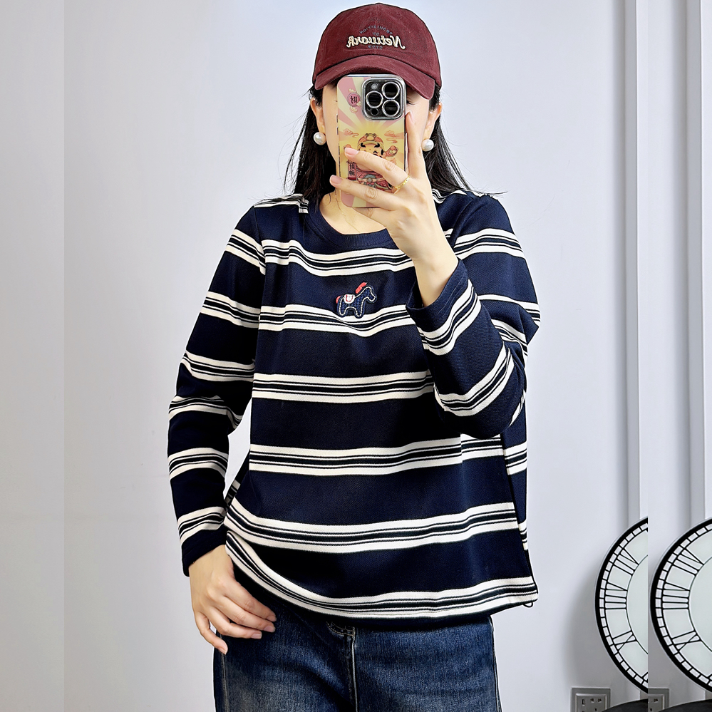 UP3158秋冬加大码卫衣女 200斤胖妹mm纯棉条纹长袖休闲中长打底衫