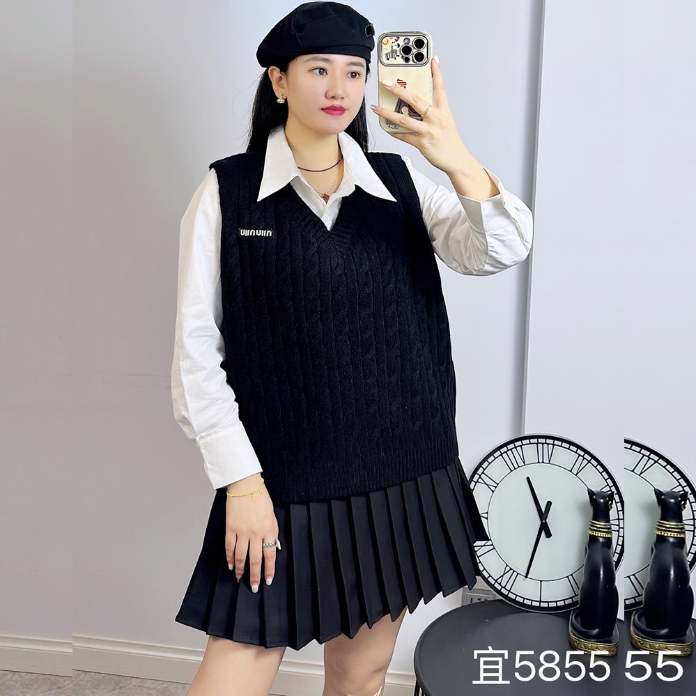 宜语析5855秋冬加大码套装女 200斤胖妹mm衬衫短裙领带马夹三件套