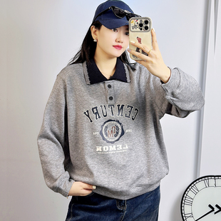 特！5759秋冬加大码卫衣女 200斤胖妹mm纯棉针织衬衫领短款长袖