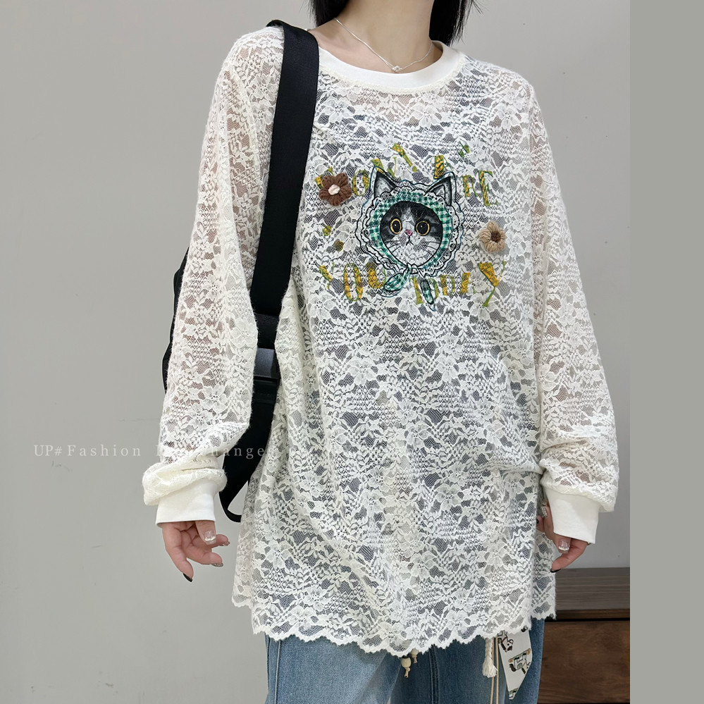 UP3255春加大码蕾丝衫女 200斤胖妹mm甜美风长袖镂空中长款打底衫,女装/女士精品,大码内搭,淘宝优惠券,粉丝福利购,淘宝优惠卷