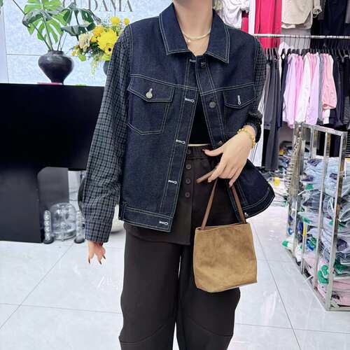 宜语析6661秋加大码衬衫外套女 200斤胖妹mm格子长袖牛仔衬衣开衫