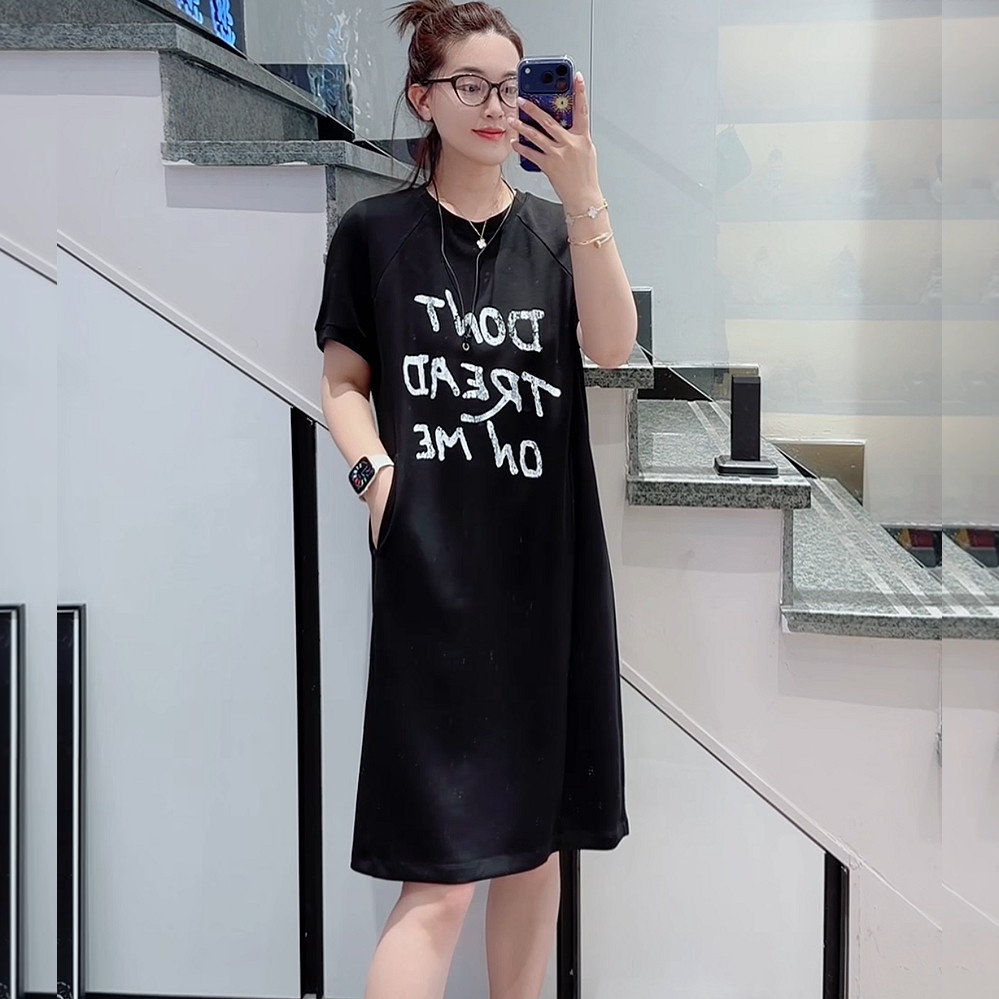 宜语析6152夏加大码短袖连衣裙 200斤胖妹mm弹力棉减龄字母中长裙