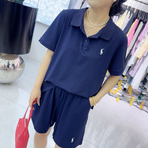 宜语析6287夏加大码休闲套装女 200斤胖妹mm极简风POLO短袖+短裤
