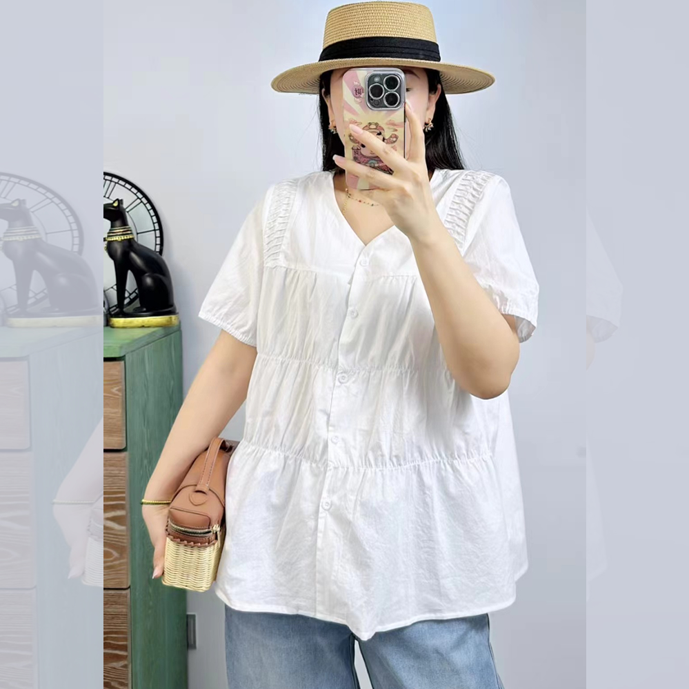 米莱奇5698夏加大码短袖衬衫女 200斤胖妹mm显瘦V领纯棉休闲衬衣