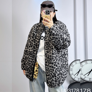 210斤胖妹mm宽松藏肉豹纹立领羊羔毛厚 加绒外套女 UP3178冬季 大码