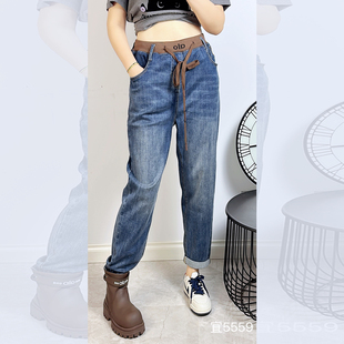 宜语析5559秋大码牛仔老爹裤女 190斤胖妹mm松紧腰弹力哈伦九分裤