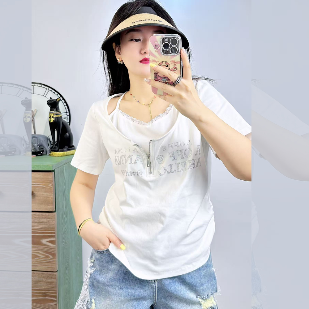 宜語析5166夏加大碼短袖T恤女 180斤胖妹m純棉甜美收腰顯瘦假兩件