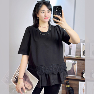 大衫 190斤胖妹mm空气棉蕾丝花边短袖 T恤女 香港芸卉26100夏加大码