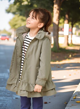 日本女童连帽摇粒绒内胆可脱卸拉链风衣外套洋气棉服2026冬装新款