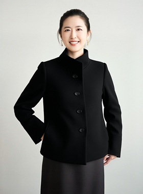 1CB 立领气质优雅单排扣黑色羊毛呢子短款大衣女外套冬季小个子