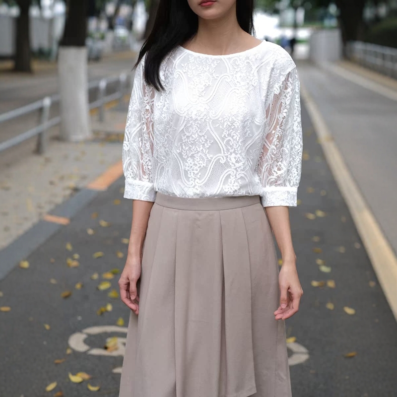 l@isse 气质通勤上衣女T恤圆领白色蕾丝五分袖衬衫