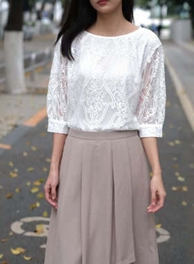 l@isse 气质通勤上衣女T恤圆领白色蕾丝五分袖衬衫