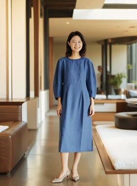 Ke@th女士秋季中长款连衣裙2025圆领高端定制通勤显瘦气质型长裙