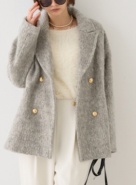 r@uge v1f 双排扣羊毛呢宽松外套毛绒亮丝翻领灰色大衣女加厚冬