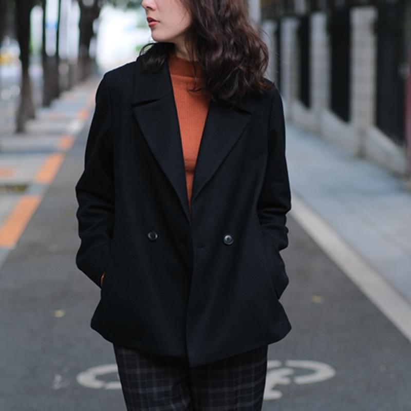 23qu羊毛呢黑色短款大衣通勤正肩双排扣外套女小个子2025冬季加厚