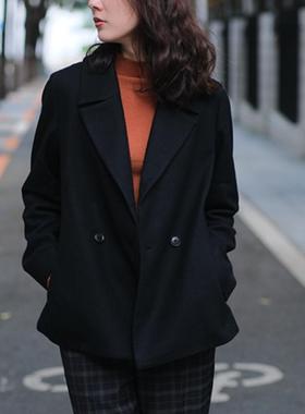23qu羊毛呢黑色短款大衣通勤正肩双排扣外套女小个子2025冬季加厚