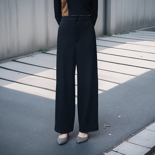 黑色羊毛呢直筒长裤高松紧腰阔腿裤 西装裤子女秋冬款高级感