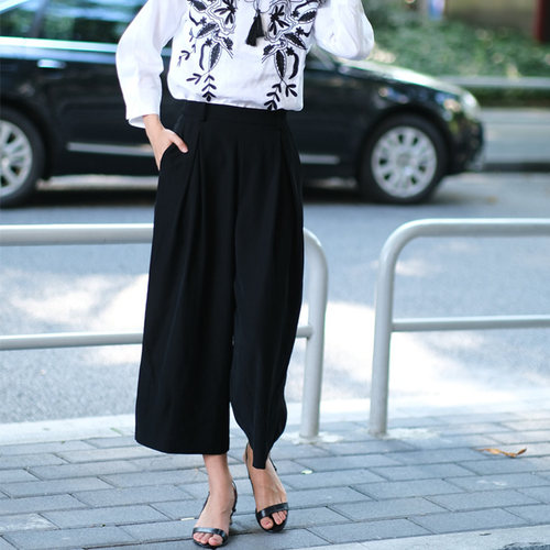 九分高腰直筒裤松紧腰宽松垂感黑色山本裤子女梨形身材阔腿裤