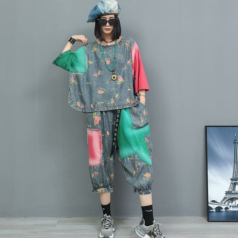 个性时尚套装女夏做旧碎花薄牛仔拼色圆领短袖上衣七分裤两件套潮