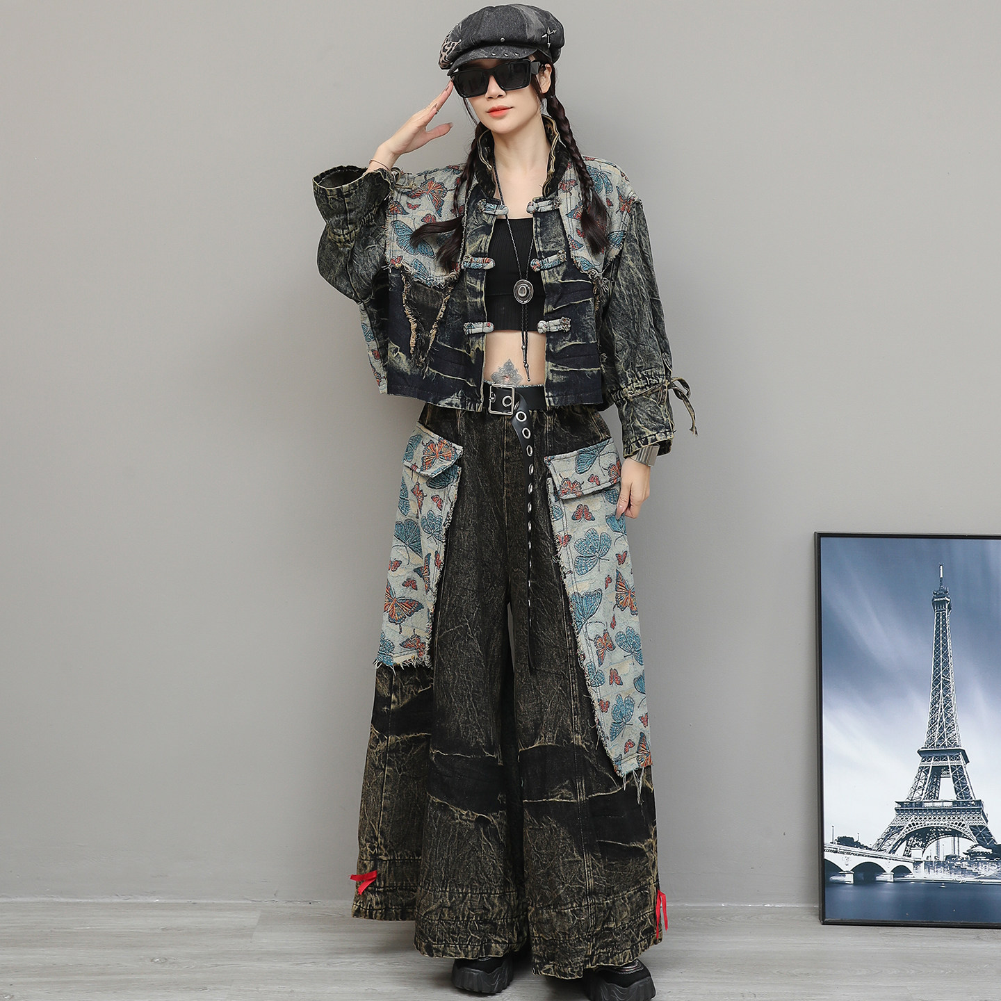 复古洋气做旧牛仔拼接提花盘扣开衫短外套阔腿长裤两件套女春套装
