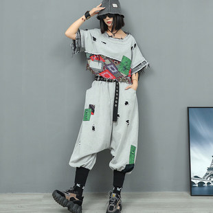 个性小众女夏时尚套装贴布短装牛仔半袖毛边上衣小脚大裆裤两件套