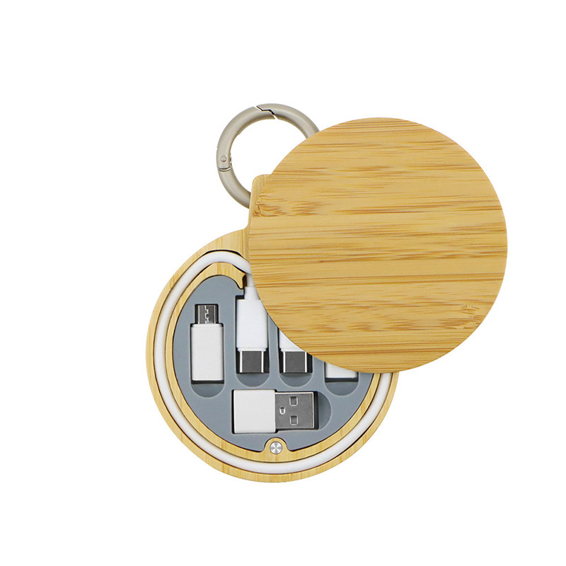 环保便携式六合一竹木数据线收纳盒套装多功能旅行充电线定制logo