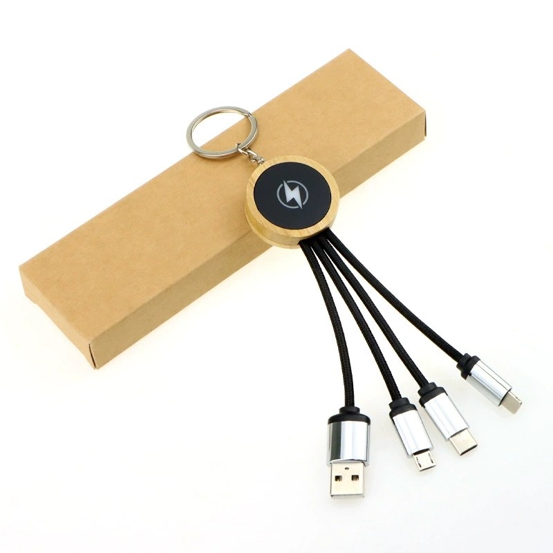 三合一拖三竹木钥匙扣数据线短款多功能快充电线礼品定制发光LOGO