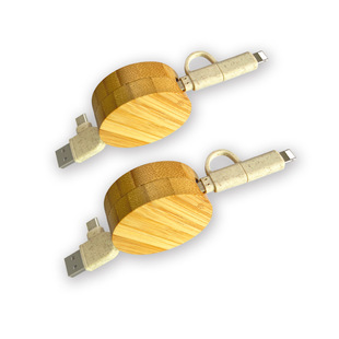 便携式六合一竹木数据线收纳伸缩Type-C多功能充电线礼品定制logo