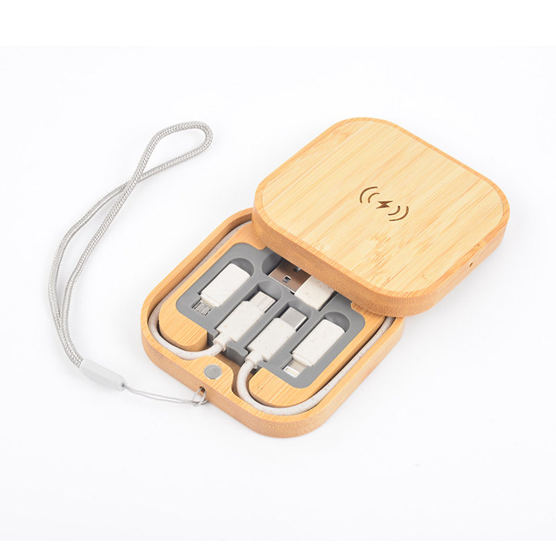 便携式六合一竹木数据线收纳盒15W快充无线充电器多功能定制logo