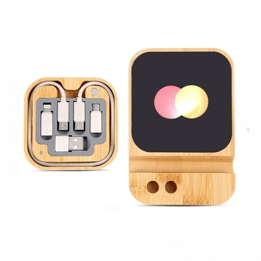 便携式六合一竹木数据线收纳盒LED发光无线充电器多功能定制logo