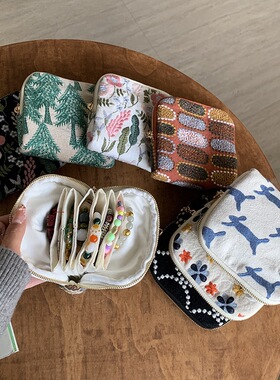 ins风小巧刺绣棉麻首饰品手串收纳包戒指项链珠宝防磨损袋小方包