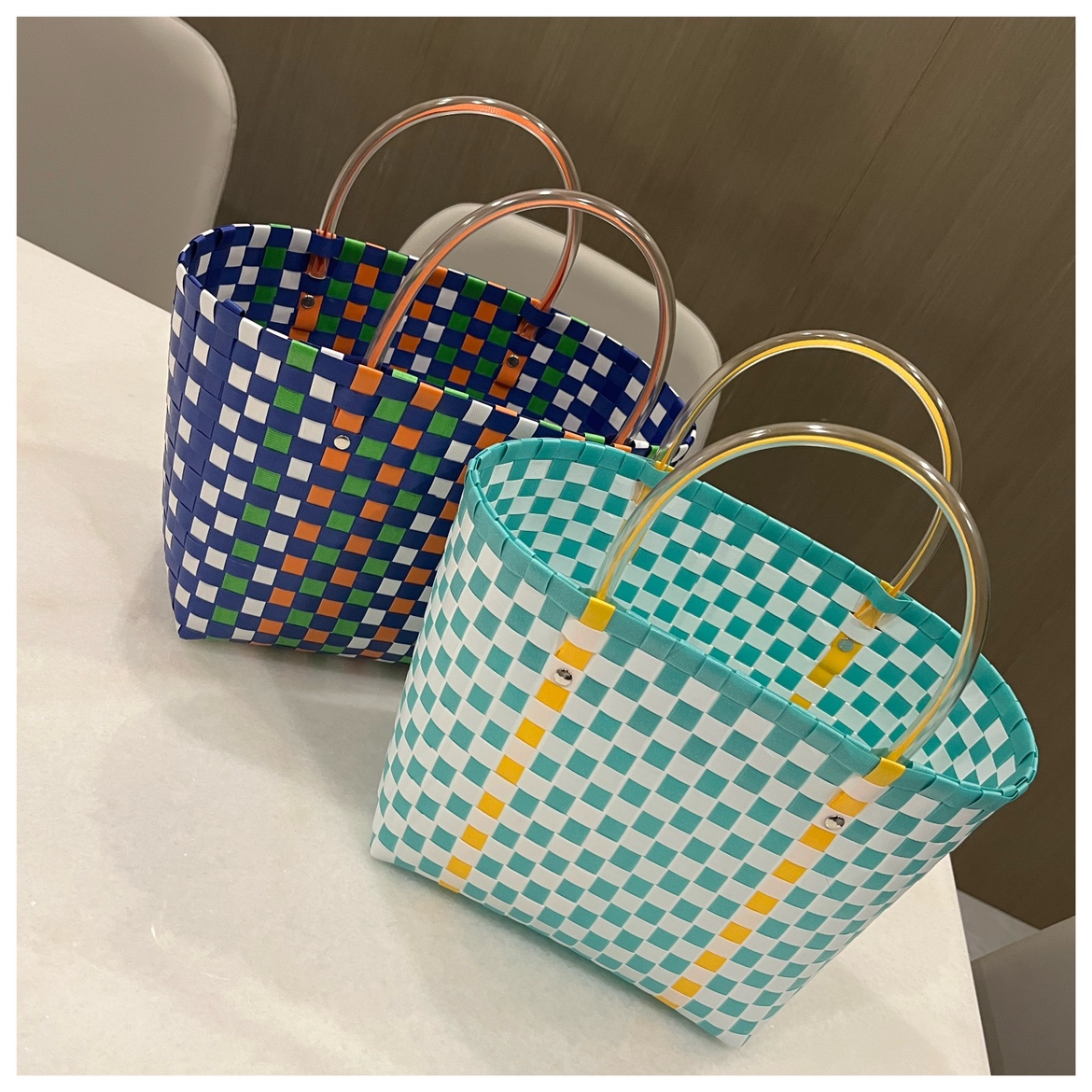 可爱彩色清新格子塑料编织菜篮子