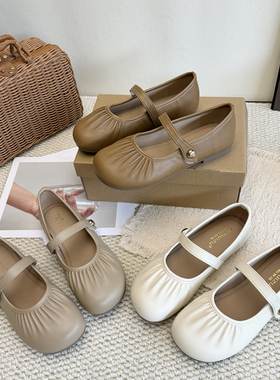 2026春夏新款温柔风褶皱一字扣玛丽珍单鞋女鞋软底浅口通勤小皮鞋