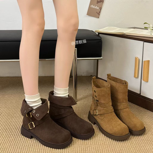 复古厚底短靴女两穿粗跟机车短靴