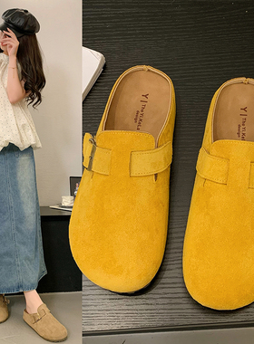 勃肯鞋包头拖鞋女秋2025新款平底内增高复古软底半拖鞋懒人博肯鞋