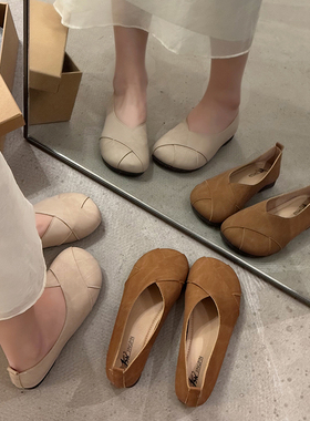 平底单鞋女2025新款百搭浅口一脚蹬法式复古奶奶鞋温柔风晚晚女鞋