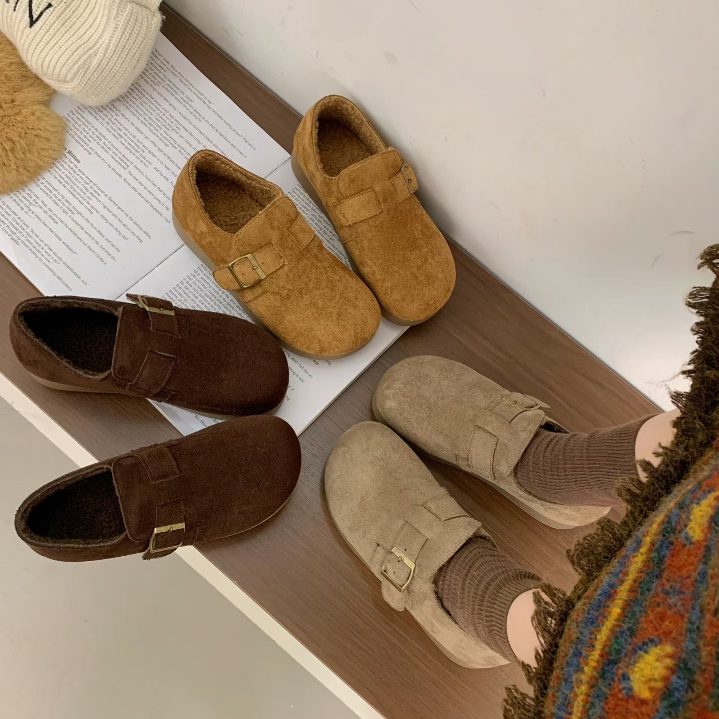 冬新款全包一脚蹬勃肯鞋加绒单鞋