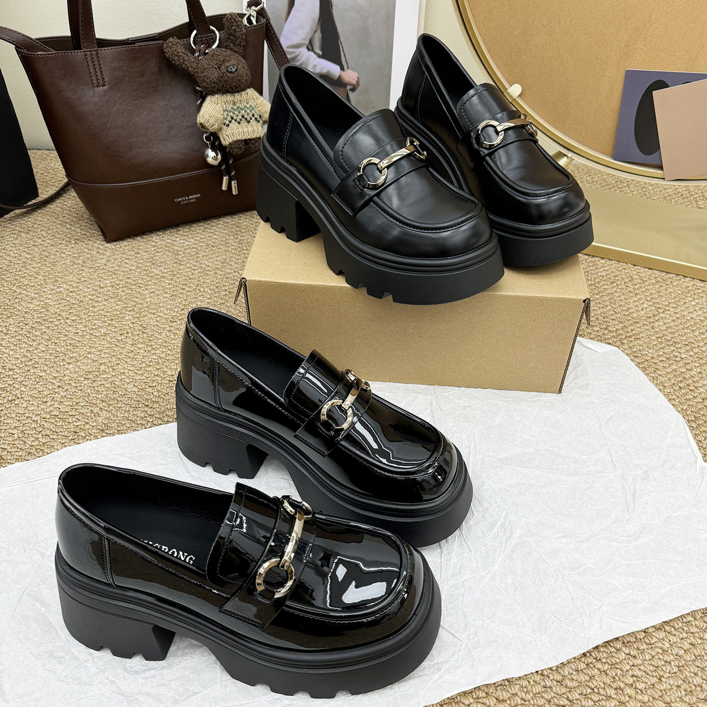 厚底防水台粗跟乐福鞋女2026春新款英伦风漆皮增高方头小皮鞋单鞋,女鞋,深口单鞋,淘宝优惠券,粉丝福利购,淘宝优惠卷