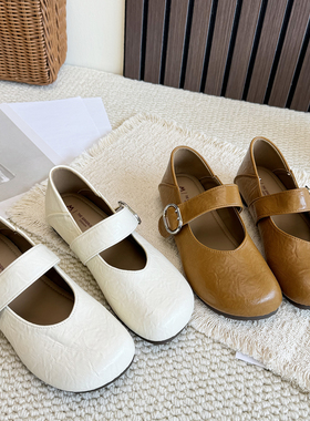 软皮圆头一字扣玛丽珍鞋女2026春新款浅口平底单鞋通勤百搭小皮鞋