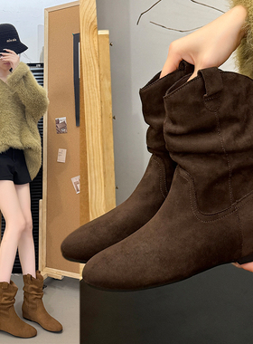 内增高复古短靴女2025秋新款法式圆头短筒堆堆靴百搭切尔西马丁靴