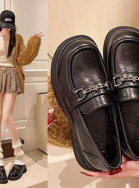 英伦风水钻厚底小皮鞋女2026春季新款一脚蹬时尚单鞋黑色JK乐福鞋