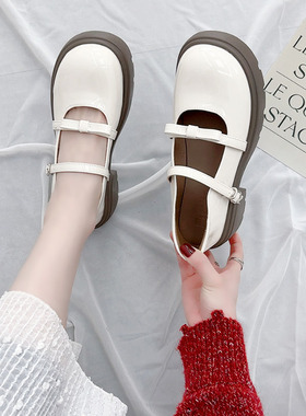 厚底玛丽珍单鞋女2025春季新款学院风蝴蝶结一字带浅口白色小皮鞋