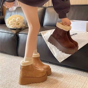 2025冬新款 厚底增高羊羔毛雪地靴女小个子高跟磨砂皮短靴保暖棉鞋