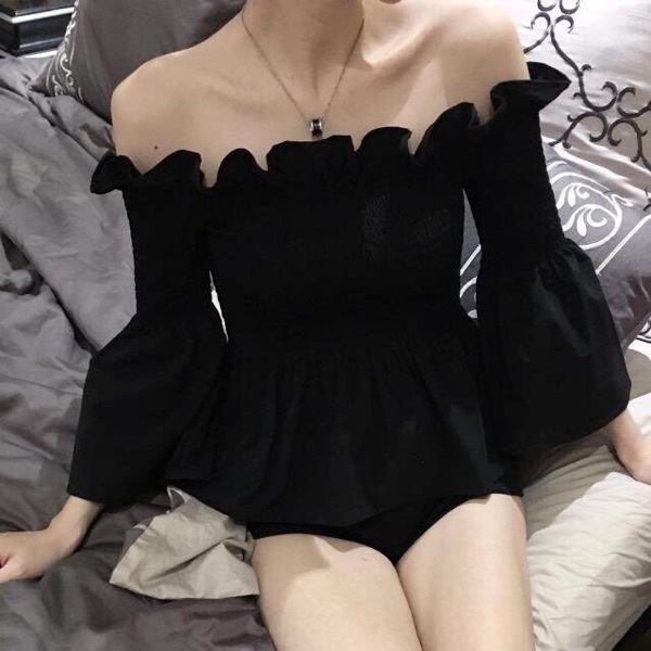 Spring and autumn temperament slim shirt black chic one line collar open shoulder lotus leaf edge trumpet sleeve top female