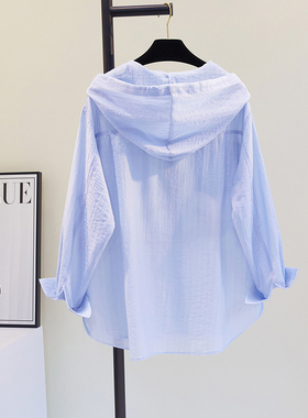 蓝色连帽防晒衣薄衬衫女2025夏新设计感小众宽松韩版长袖衬衣外套
