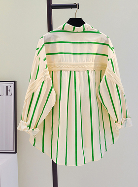 中长款拼接绿色条纹衬衫女外套2025春夏新款韩版宽松减龄衬衣上衣