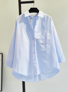 蓝色单口袋开叉中长款衬衫女2025春夏新款出游糖果色衬衣开衫上衣