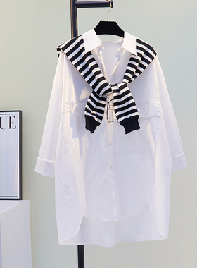 白色披肩衬衣裙2025春夏新款版宽松条纹衬衫女设计感小众衬衣上衣