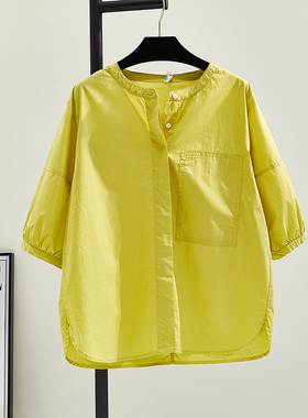 姜黄色圆领娃娃衫女2025夏季新款韩范文艺纯色减龄衬衫百搭衬衣潮